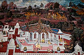 Detail of 'Ramakien' mural painting  - temple of the Emerald Buddha, Bangkok . Architectural elements in the panels are adapted from the real palaces and temples of the capital. 